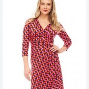 Hatley Pink and Red Geometric faux wrap knit dress size large